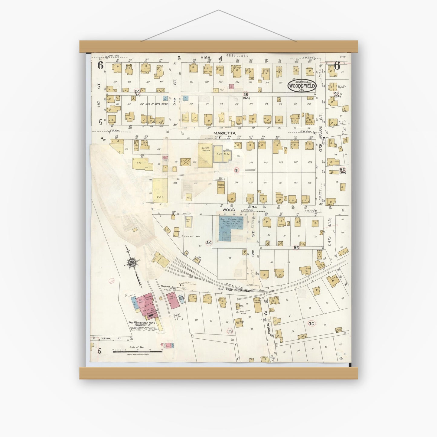 Old map wall art mockup — magnetic wood frame on white wall — Sanborn Fire Insurance Map from Woodsfield, Monroe County, Ohio (1949), Sheet #0006