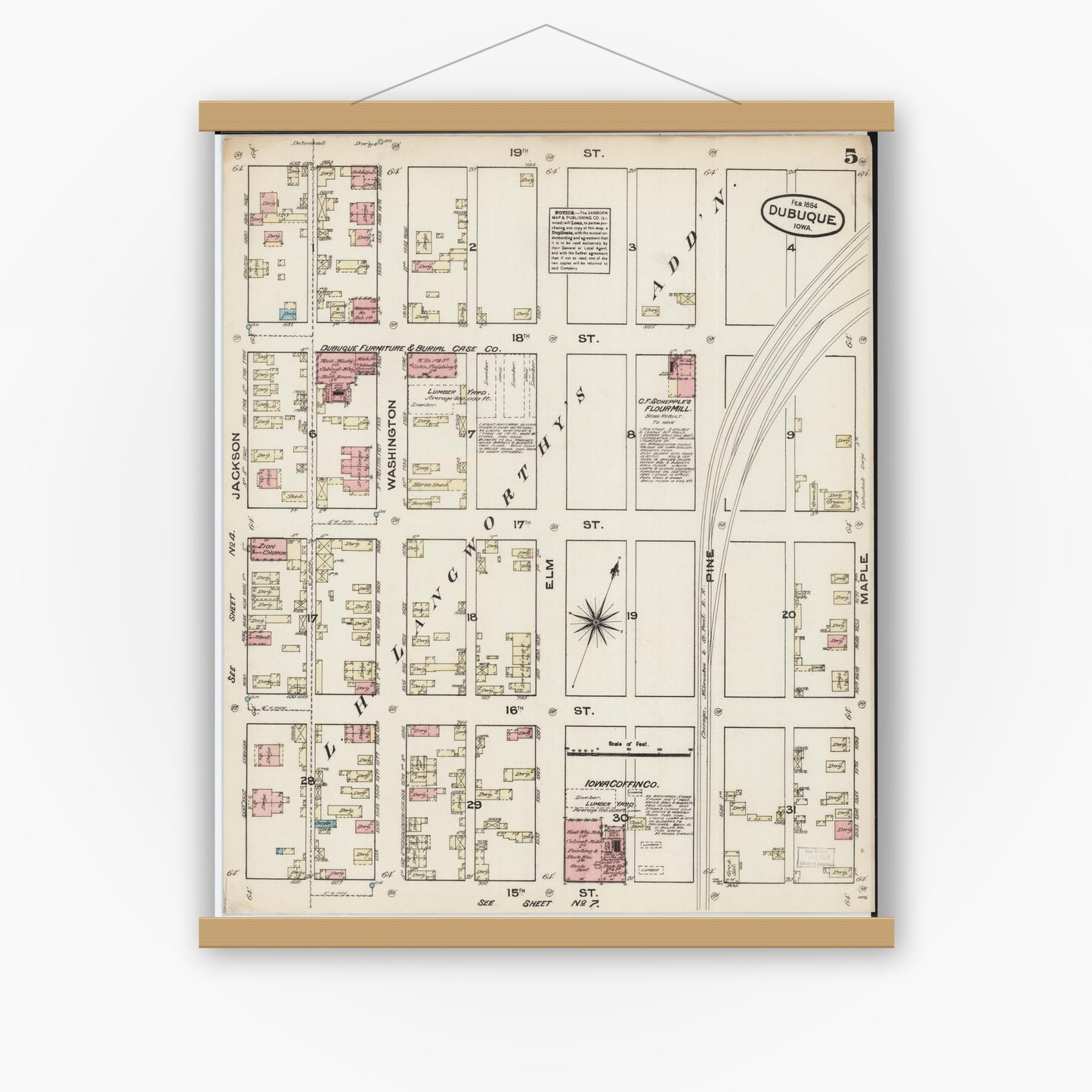 Old map wall art mockup — magnetic wood frame on white wall — Sanborn Fire Insurance Map from Dubuque, Dubuque County, Iowa (1884), Sheet #0005