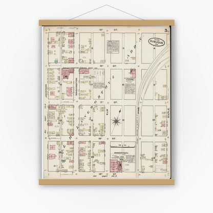 Old map wall art mockup — magnetic wood frame on white wall — Sanborn Fire Insurance Map from Dubuque, Dubuque County, Iowa (1884), Sheet #0005
