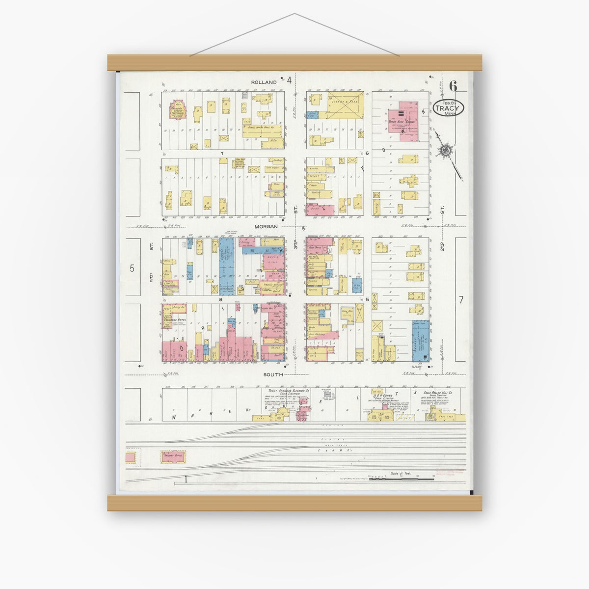 Old map wall art mockup — magnetic wood frame on white wall — Sanborn Fire Insurance Map from Tracy, Lyon County, Minnesota (1917), Sheet #0006