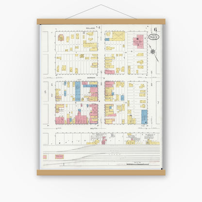 Old map wall art mockup — magnetic wood frame on white wall — Sanborn Fire Insurance Map from Tracy, Lyon County, Minnesota (1917), Sheet #0006
