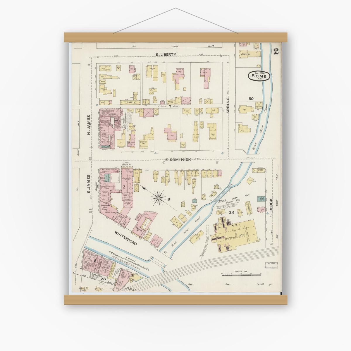 Old map wall art mockup — magnetic wood frame on white wall — Sanborn Fire Insurance Map from Rome, Oneida County, New York (1888), Sheet #0002