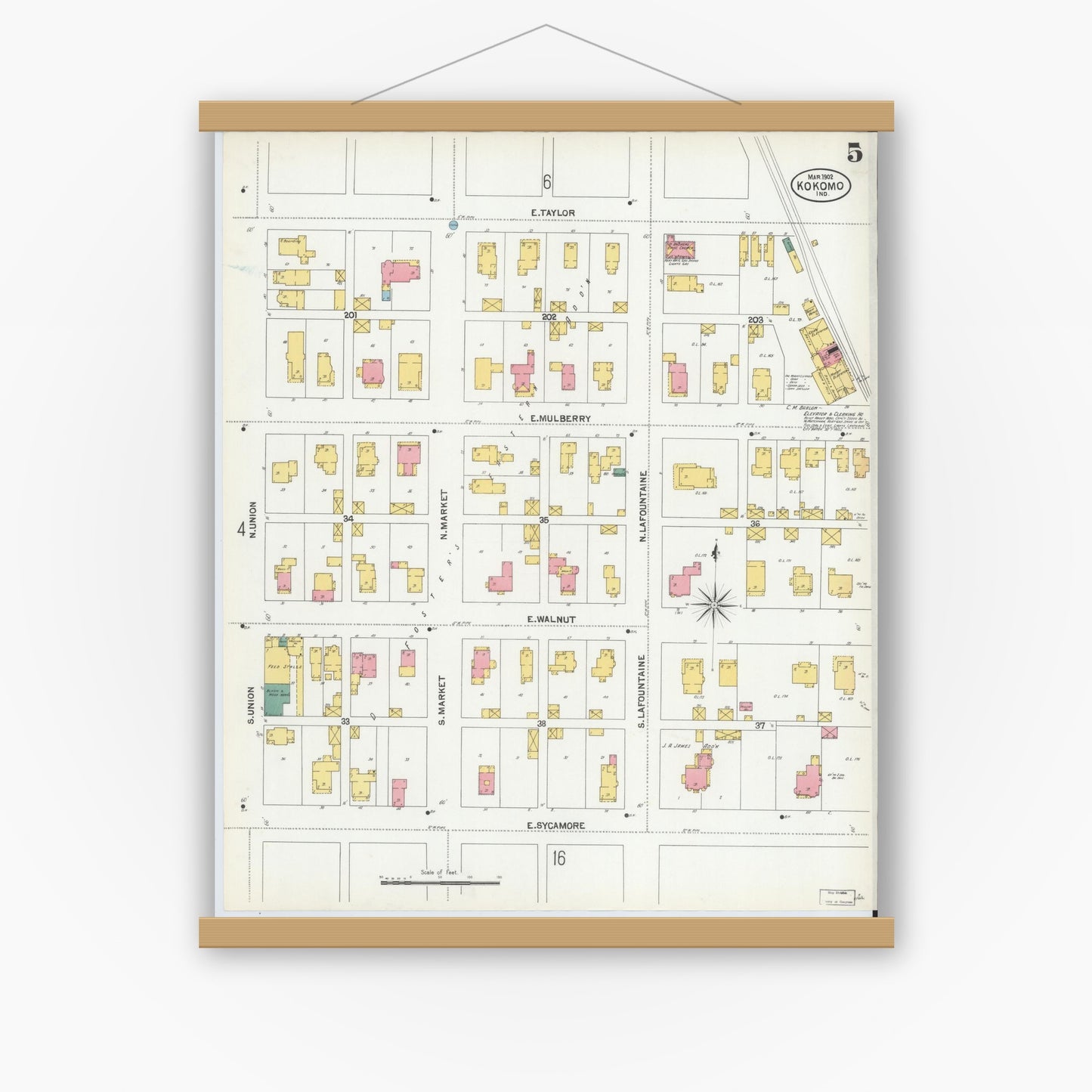 Old map wall art mockup — magnetic wood frame on white wall — Sanborn Fire Insurance Map from Kokomo, Howard County, Indiana (1902), Sheet #0005