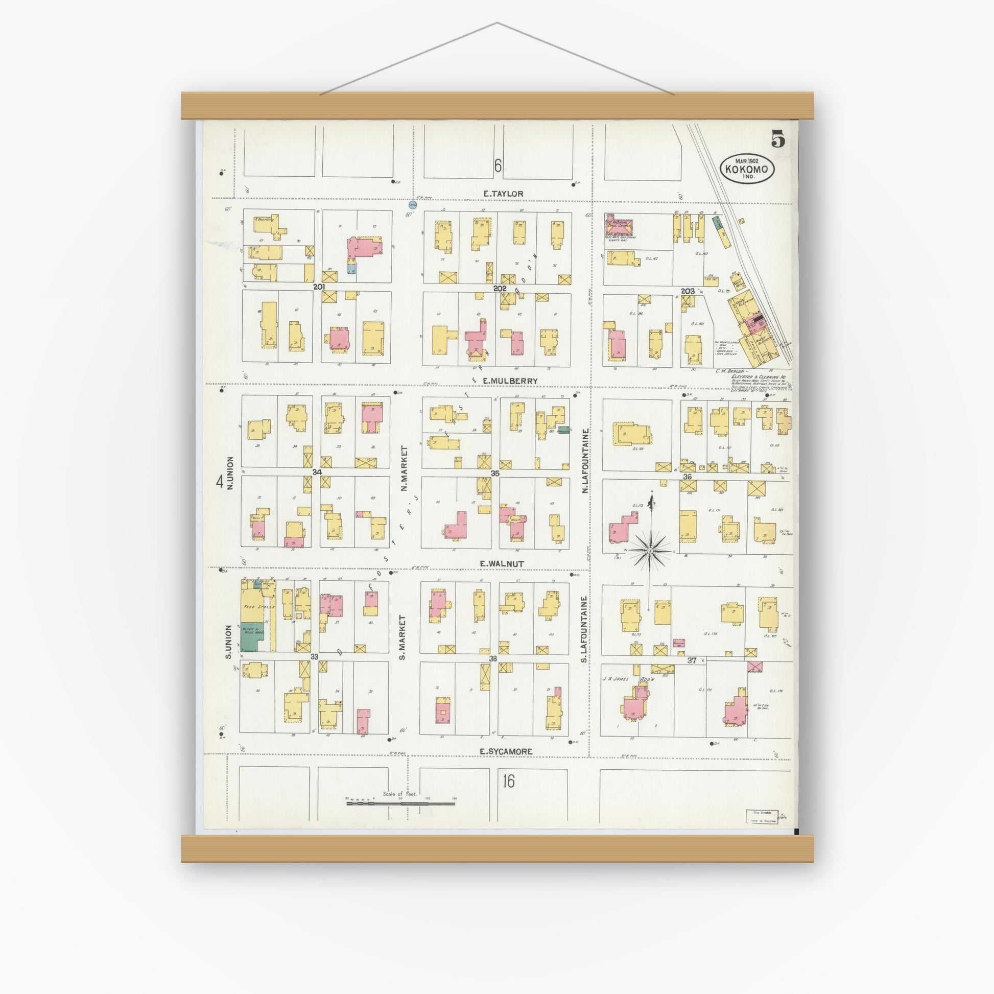 Old map wall art mockup — magnetic wood frame on white wall — Sanborn Fire Insurance Map from Kokomo, Howard County, Indiana (1902), Sheet #0005