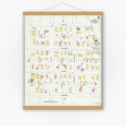 Old map wall art mockup — magnetic wood frame on white wall — Sanborn Fire Insurance Map from Kokomo, Howard County, Indiana (1902), Sheet #0005
