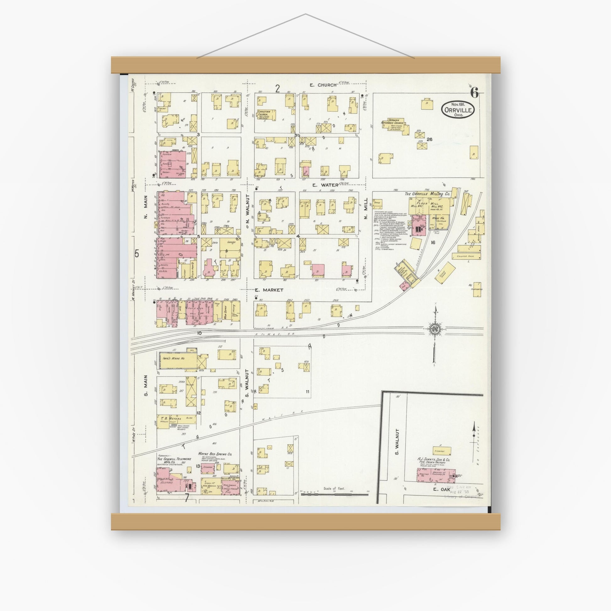 Old map wall art mockup — magnetic wood frame on white wall — Sanborn Fire Insurance Map from Orrville, Wayne County, Ohio (1911), Sheet #0006