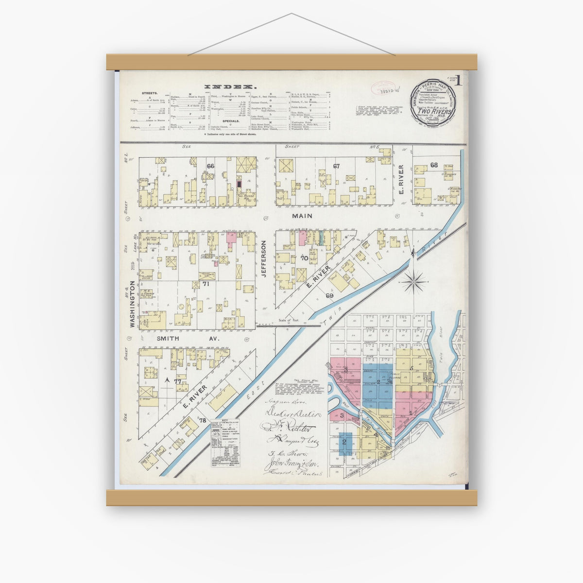 Old map wall art mockup — magnetic wood frame on white wall — Sanborn Fire Insurance Map from Two Rivers, Manitowoc County, Wisconsin (1891) - Complete Map Set