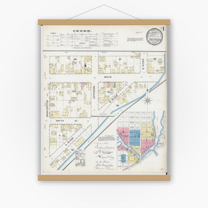 Old map wall art mockup — magnetic wood frame on white wall — Sanborn Fire Insurance Map from Two Rivers, Manitowoc County, Wisconsin (1891) - Complete Map Set