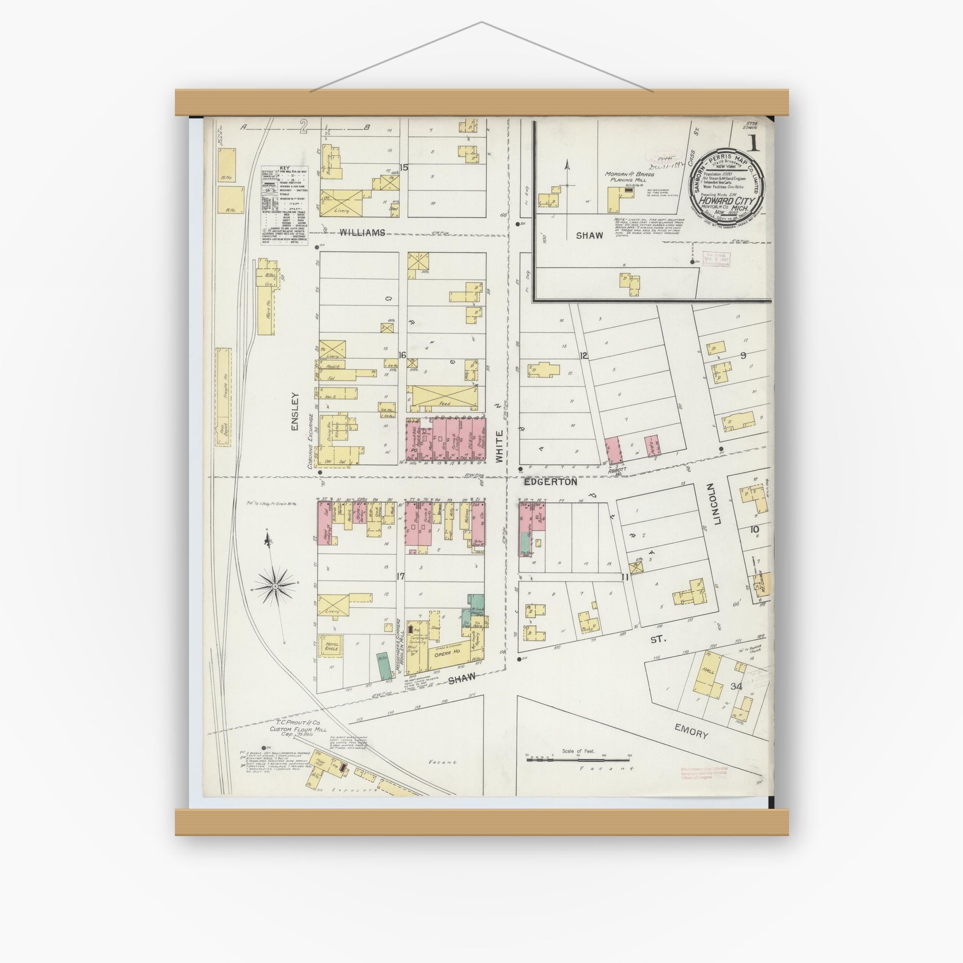 Old map wall art mockup — magnetic wood frame on white wall — Sanborn Fire Insurance Map from Howard City, Montcalm County, Michigan (1892) - Complete Map Set