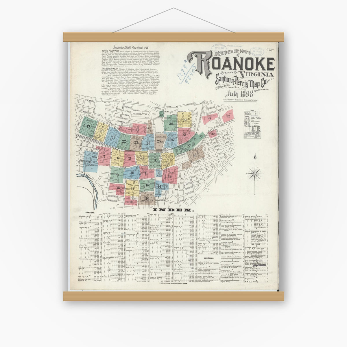 Old map wall art mockup — magnetic wood frame on white wall — Sanborn Fire Insurance Map from Roanoke, Independent Cities, Virginia (1898), Sheet #0001