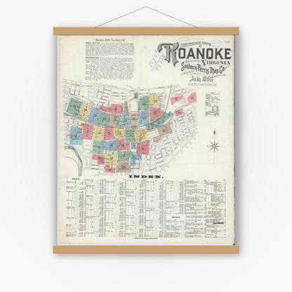 Old map wall art mockup — magnetic wood frame on white wall — Sanborn Fire Insurance Map from Roanoke, Independent Cities, Virginia (1898), Sheet #0001