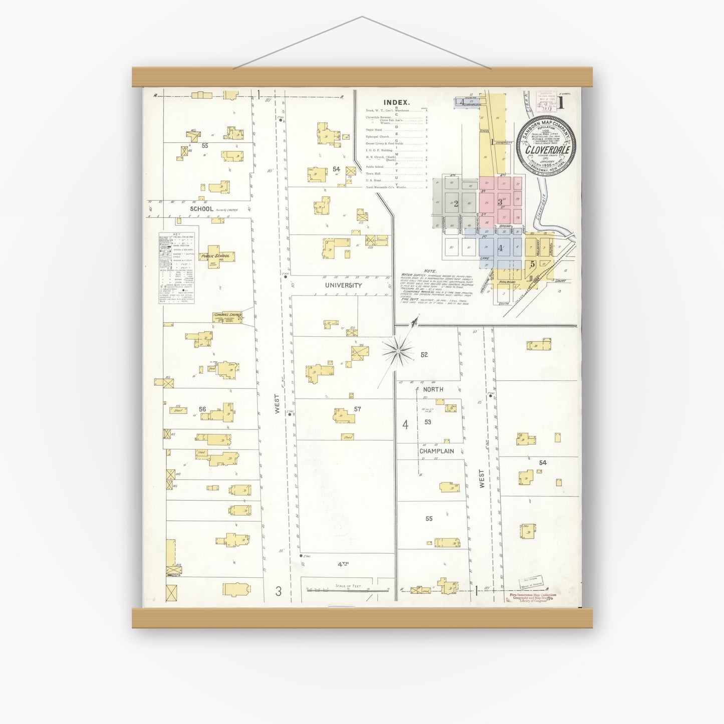 Old map wall art mockup — magnetic wood frame on white wall — Sanborn Fire Insurance Map from Cloverdale, Sonoma County, California (1905) - Complete Map Set