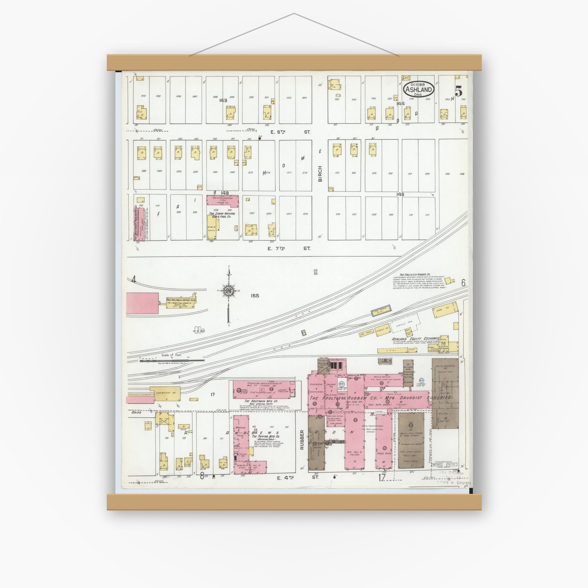 Old map wall art mockup — magnetic wood frame on white wall — Sanborn Fire Insurance Map from Ashland, Ashland County, Ohio (1919), Sheet #0005