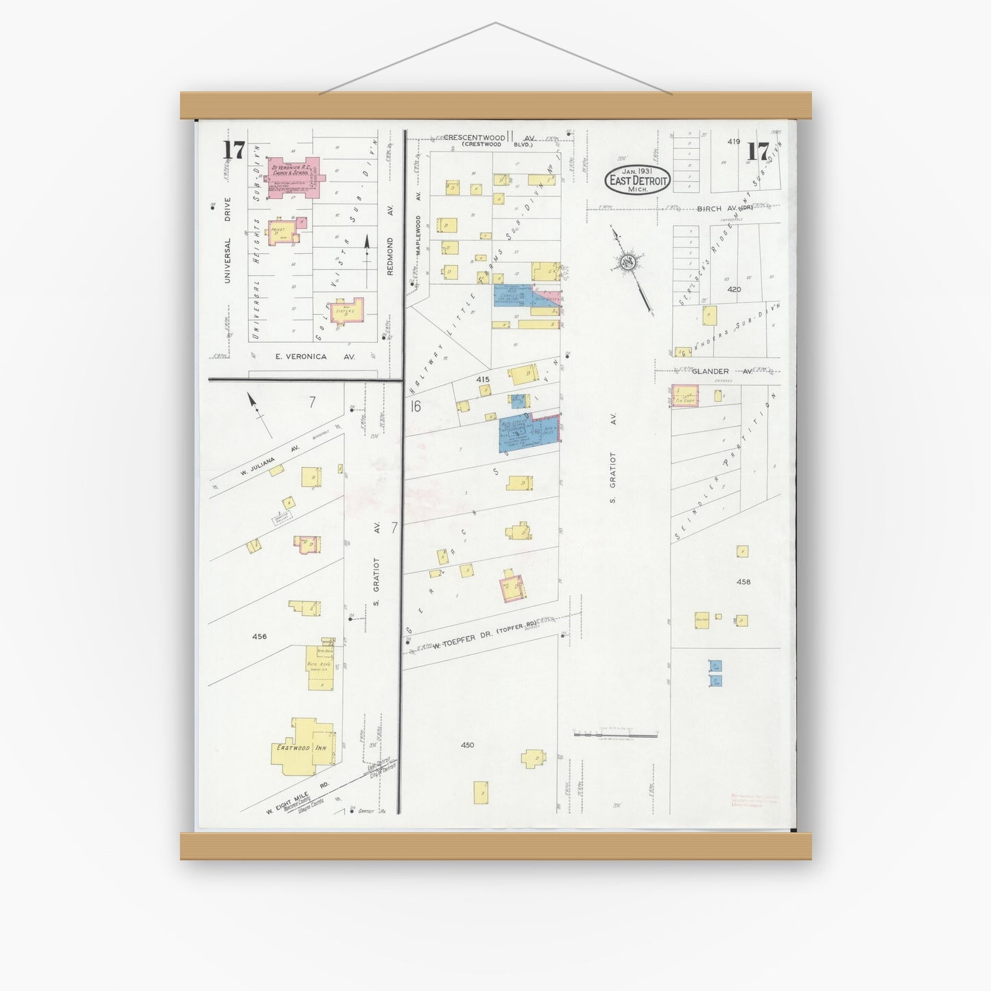 Old map wall art mockup — magnetic wood frame on white wall — Sanborn Fire Insurance Map from East Detroit, Macomb County, Michigan (1931), Sheet #0017