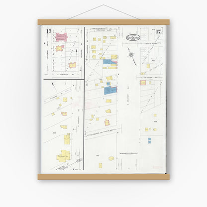 Old map wall art mockup — magnetic wood frame on white wall — Sanborn Fire Insurance Map from East Detroit, Macomb County, Michigan (1931), Sheet #0017