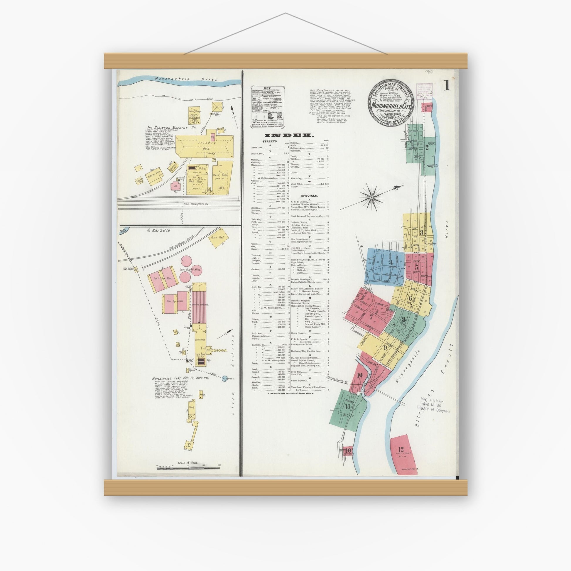 Old map wall art mockup — magnetic wood frame on white wall — Sanborn Fire Insurance Map from Monongahela City, Washington County, Pennsylvania (1905), Sheet #0001