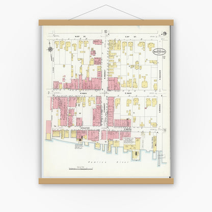 Old map wall art mockup — magnetic wood frame on white wall — Sanborn Fire Insurance Map from Washington, Beaufort County, North Carolina (1911), Sheet #0009