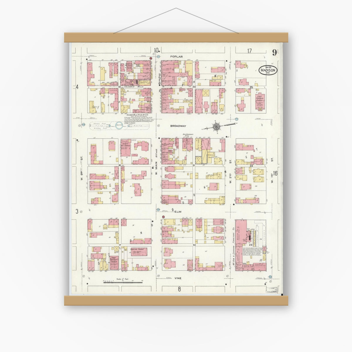 Old map wall art mockup — magnetic wood frame on white wall — Sanborn Fire Insurance Map from Madison, Jefferson County, Indiana (1911), Sheet #0009