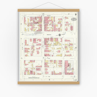 Old map wall art mockup — magnetic wood frame on white wall — Sanborn Fire Insurance Map from Madison, Jefferson County, Indiana (1911), Sheet #0009