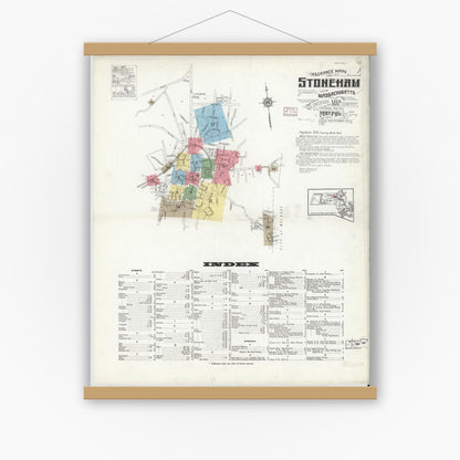 Old map wall art mockup — magnetic wood frame on white wall — Sanborn Fire Insurance Map from Stoneham, Middlesex County, Massachusetts (1916) - Complete Map Set