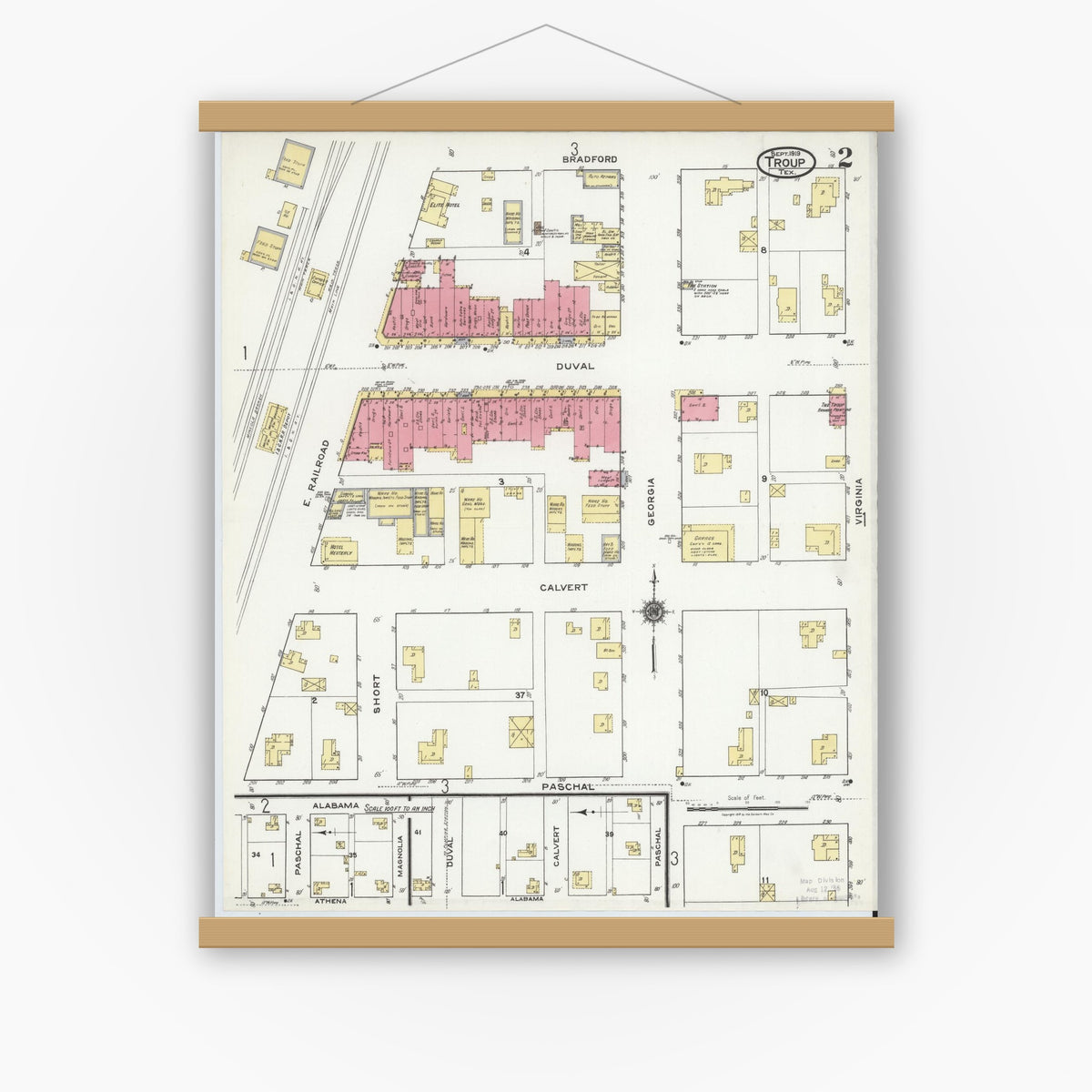 Old map wall art mockup — magnetic wood frame on white wall — Sanborn Fire Insurance Map from Troup, Smith County, Texas (1919), Sheet #0002