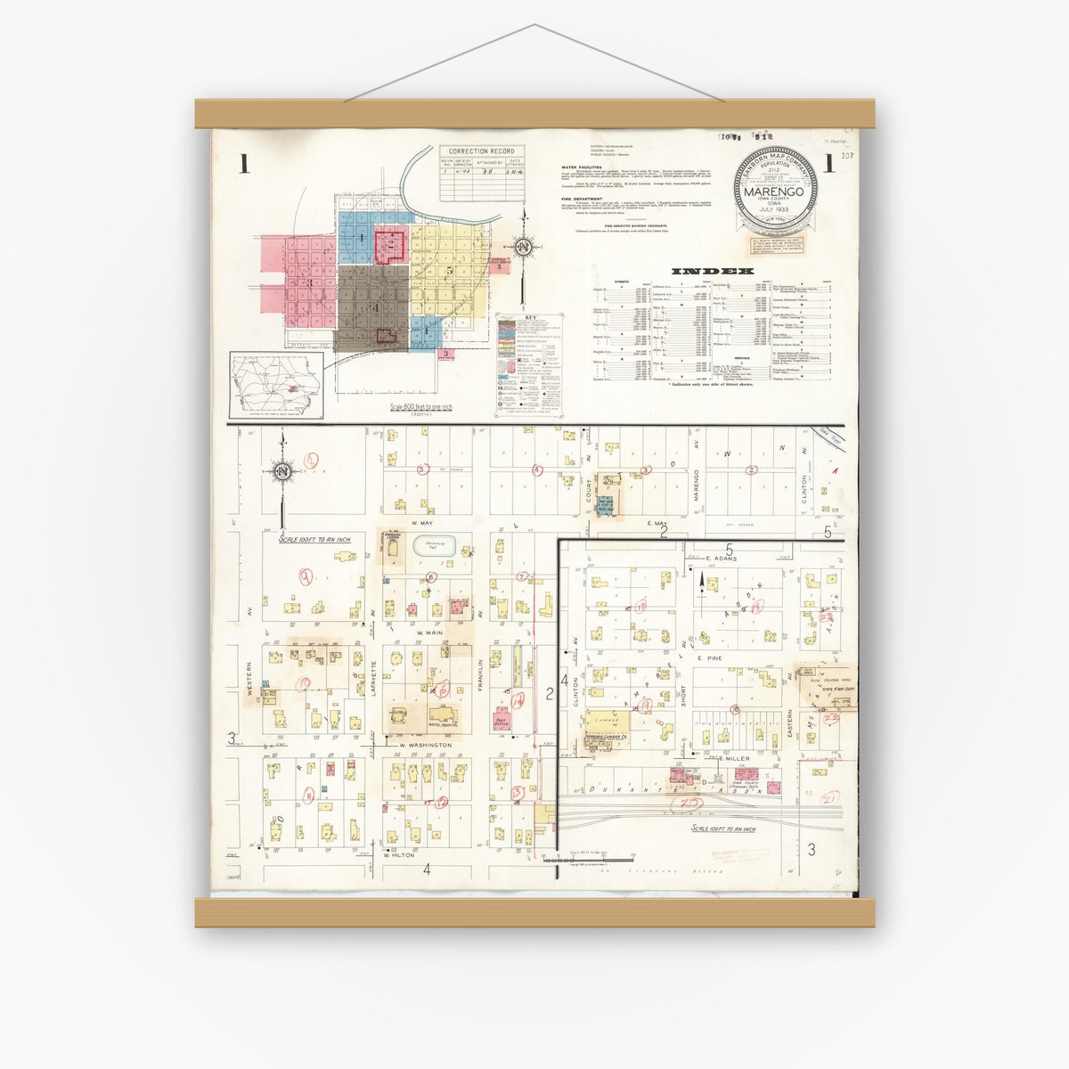 Old map wall art mockup — magnetic wood frame on white wall — Sanborn Fire Insurance Map from Marengo, Iowa County, Iowa (1942) â€” Complete Set