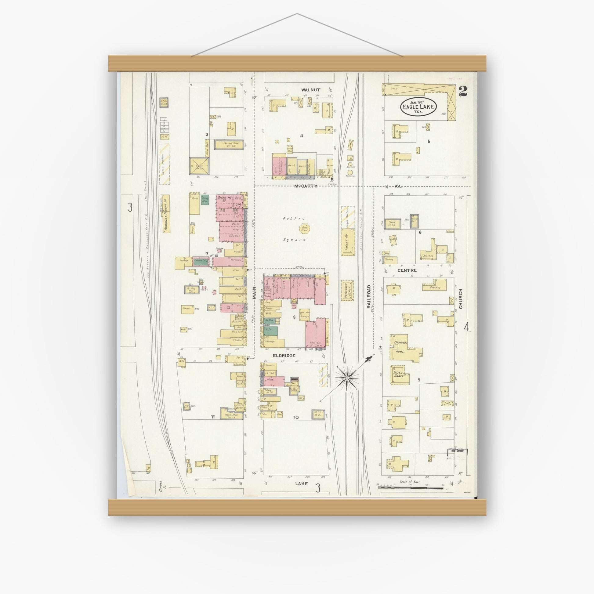 Old map wall art mockup — magnetic wood frame on white wall — Sanborn Fire Insurance Map from Eagle Lake, Colorado County, Texas (1907), Sheet #0002