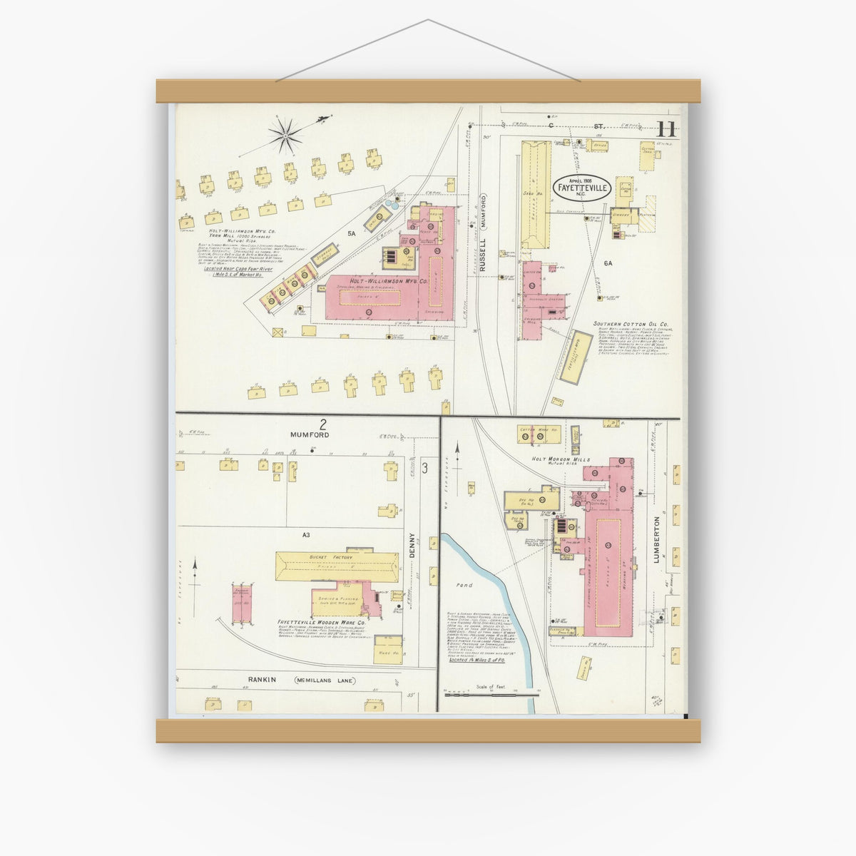 Old map wall art mockup — magnetic wood frame on white wall — Sanborn Fire Insurance Map from Fayetteville, Cumberland County, North Carolina (1908), Sheet #0011