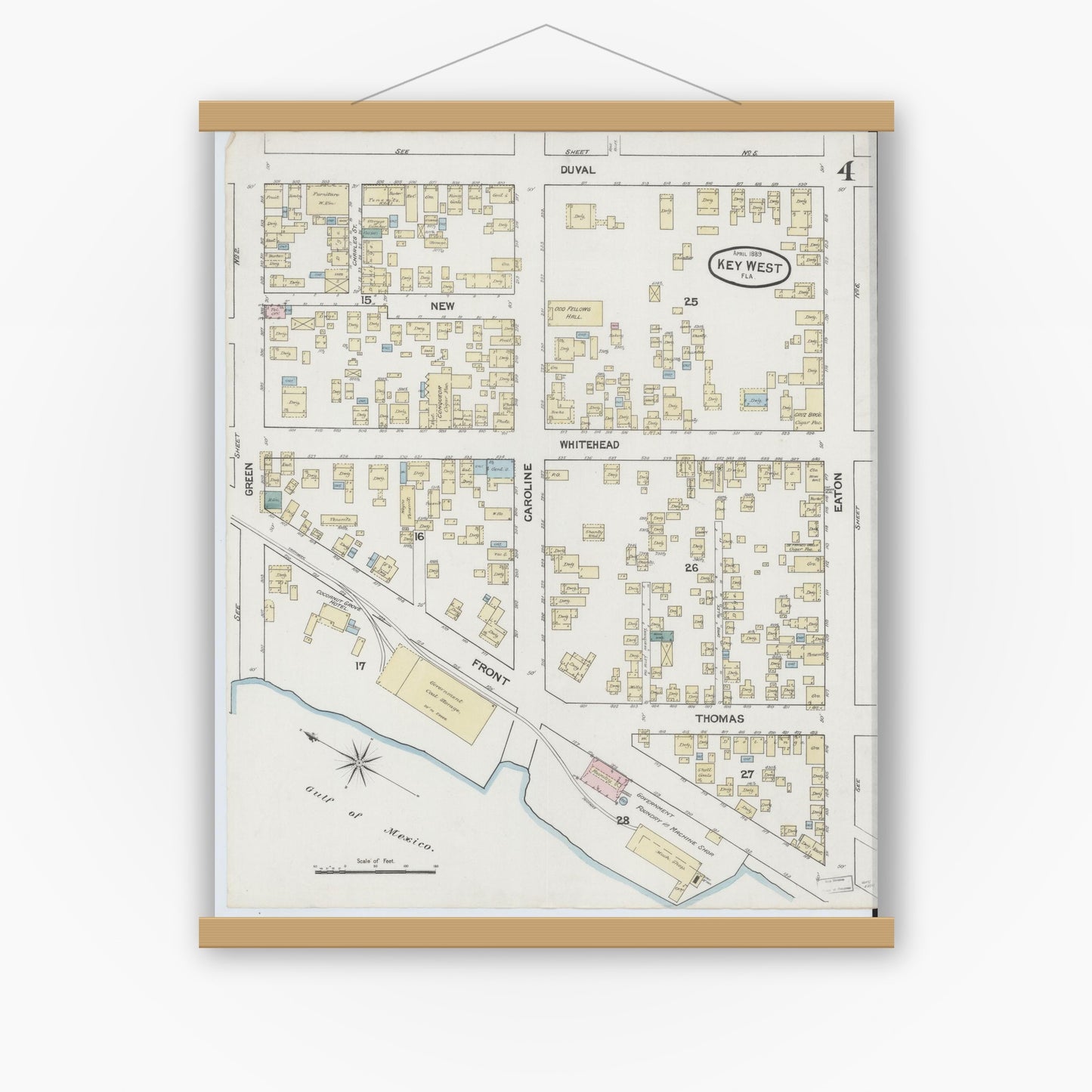 Old map wall art mockup — magnetic wood frame on white wall — Sanborn Fire Insurance Map from Key West, Monroe County, Florida (1889), Sheet #0004
