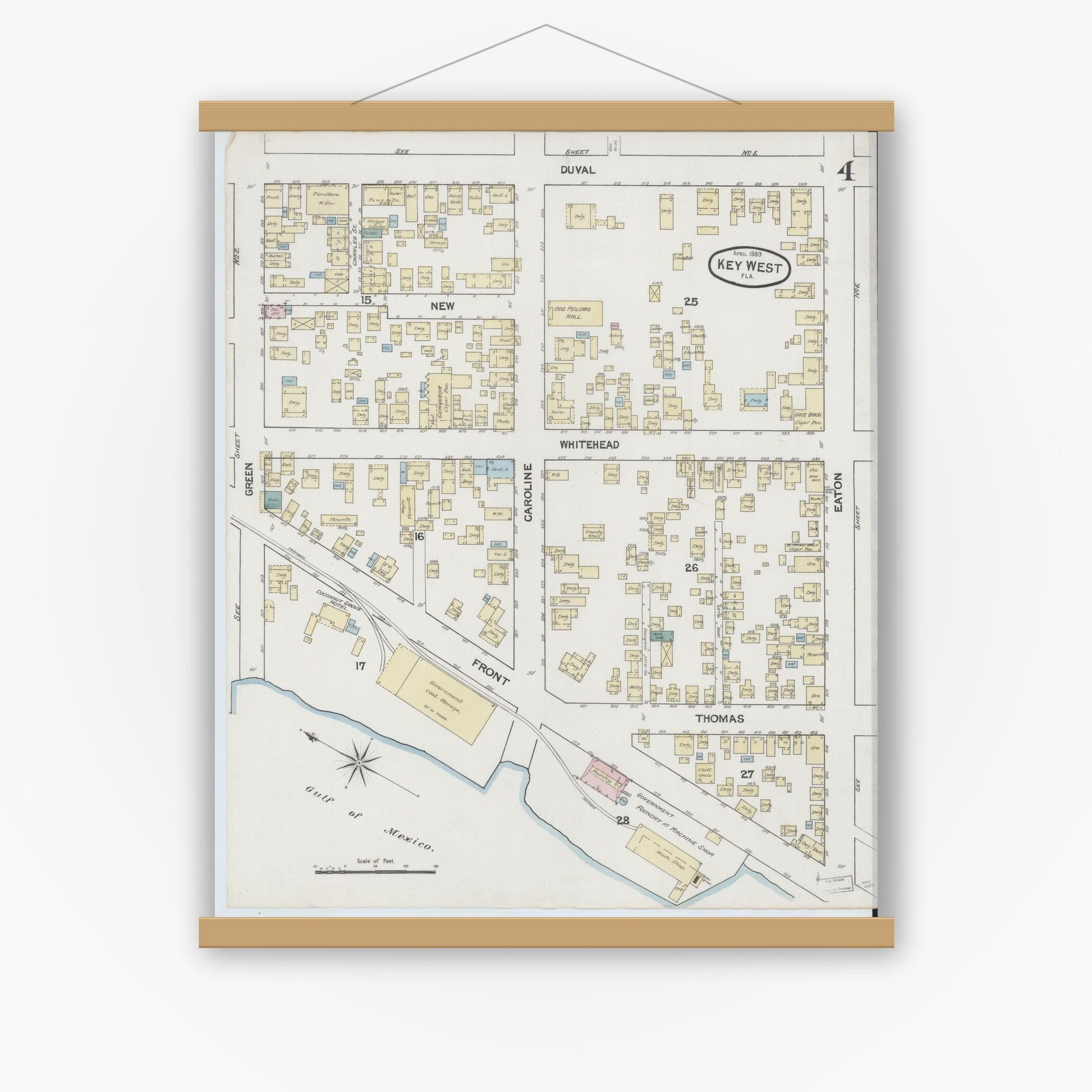 Old map wall art mockup — magnetic wood frame on white wall — Sanborn Fire Insurance Map from Key West, Monroe County, Florida (1889), Sheet #0004