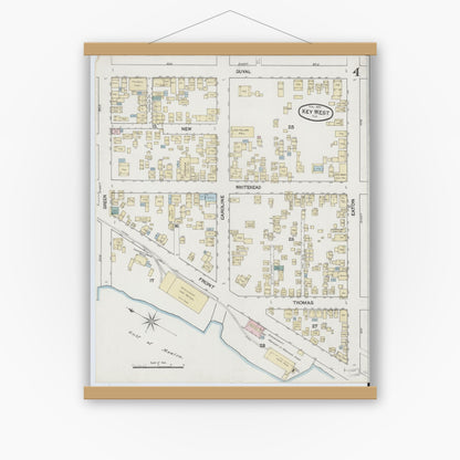 Old map wall art mockup — magnetic wood frame on white wall — Sanborn Fire Insurance Map from Key West, Monroe County, Florida (1889), Sheet #0004