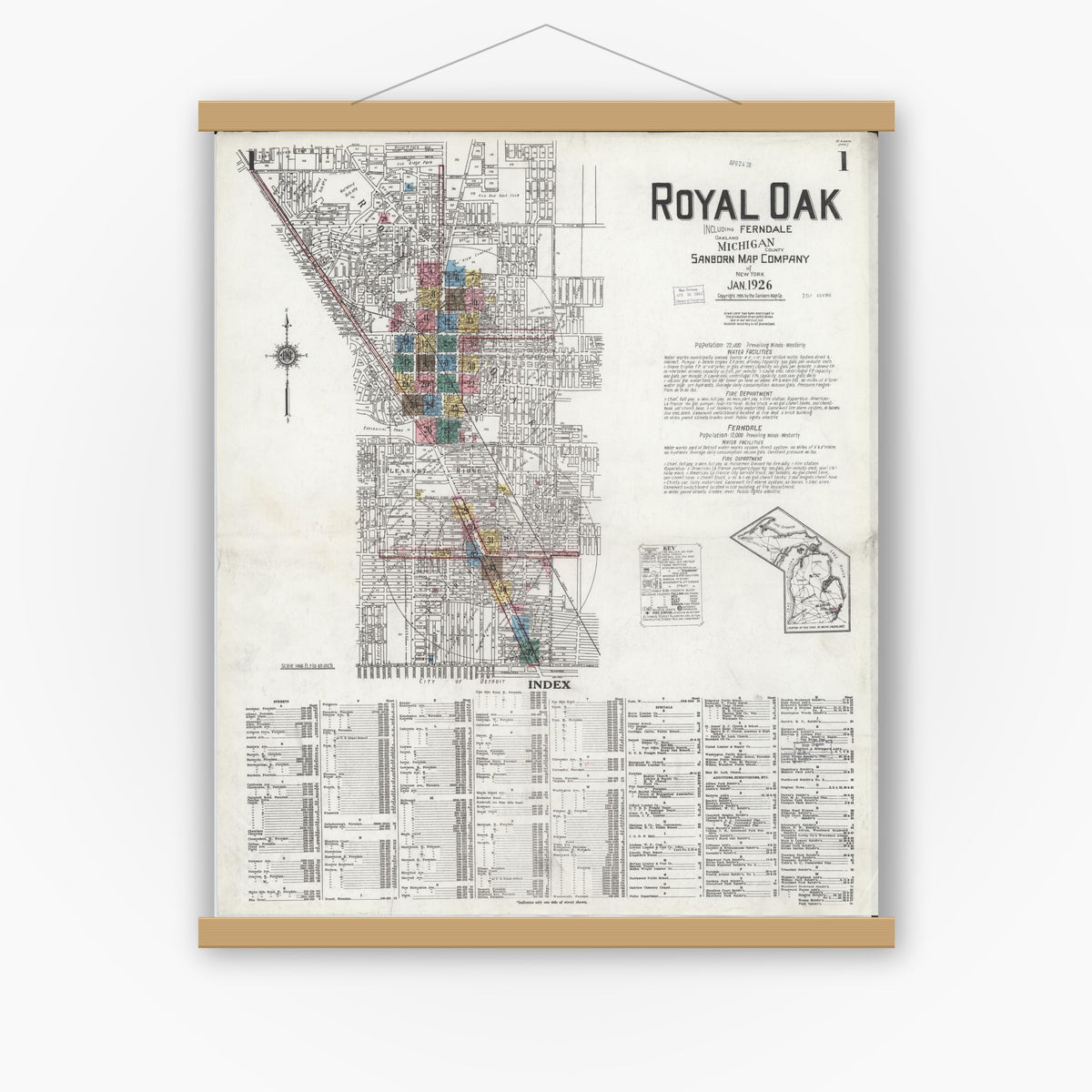 Old map wall art mockup — magnetic wood frame on white wall — Sanborn Fire Insurance Map from Royal Oak, Oakland County, Michigan (1926), Sheet #0001