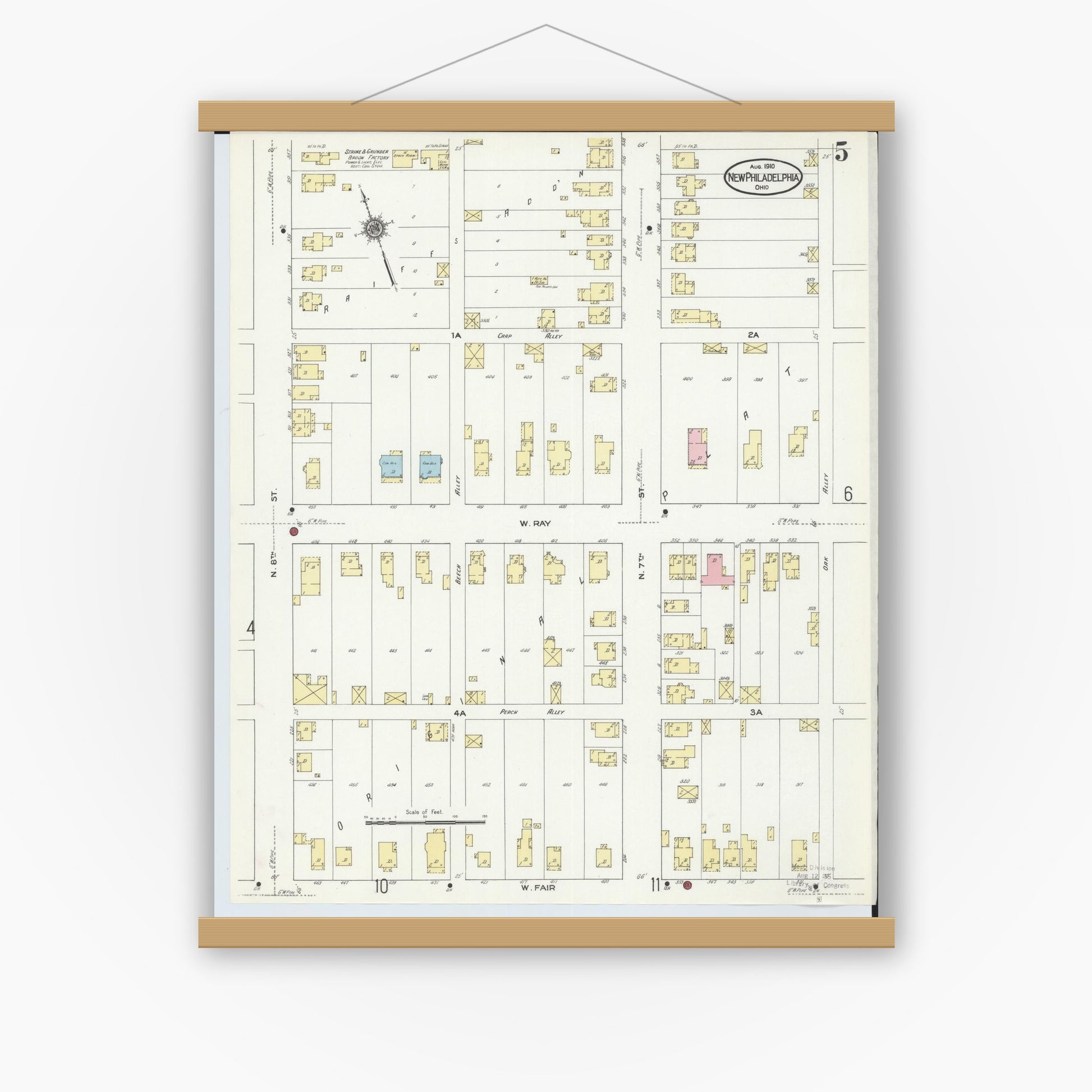 Old map wall art mockup — magnetic wood frame on white wall — Sanborn Fire Insurance Map from New Philadelphia, Tuscarawas County, Ohio (1910), Sheet #0005