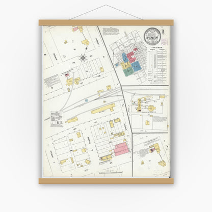 Old map wall art mockup — magnetic wood frame on white wall — Sanborn Fire Insurance Map from McGregor, McLennan County, Texas (1904), Sheet #0001