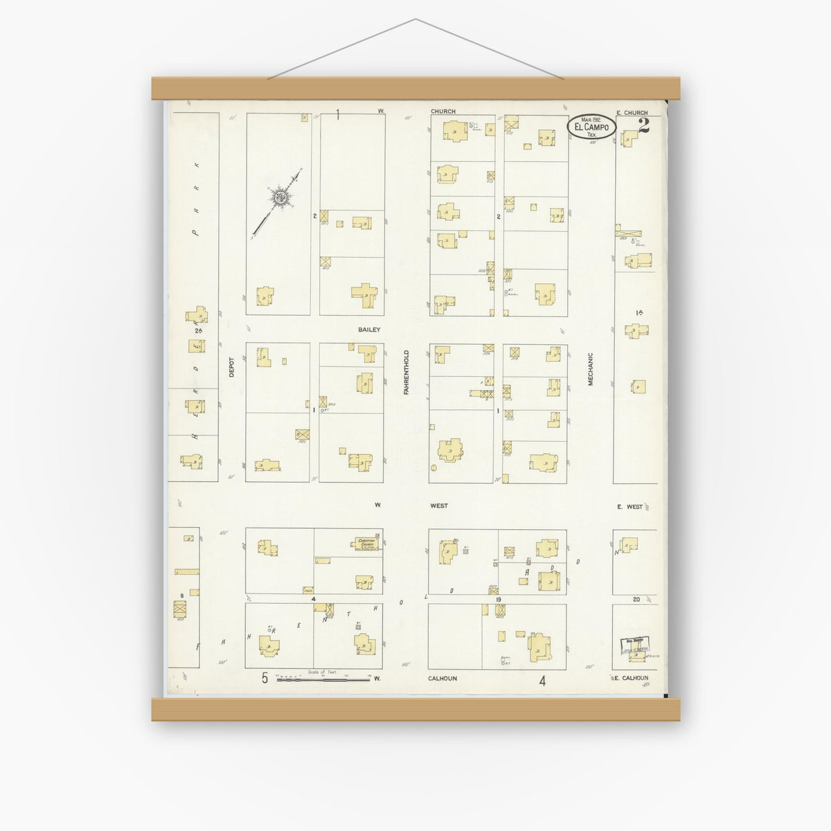 Old map wall art mockup — magnetic wood frame on white wall — Sanborn Fire Insurance Map from El Campo, Wharton County, Texas (1912), Sheet #0002