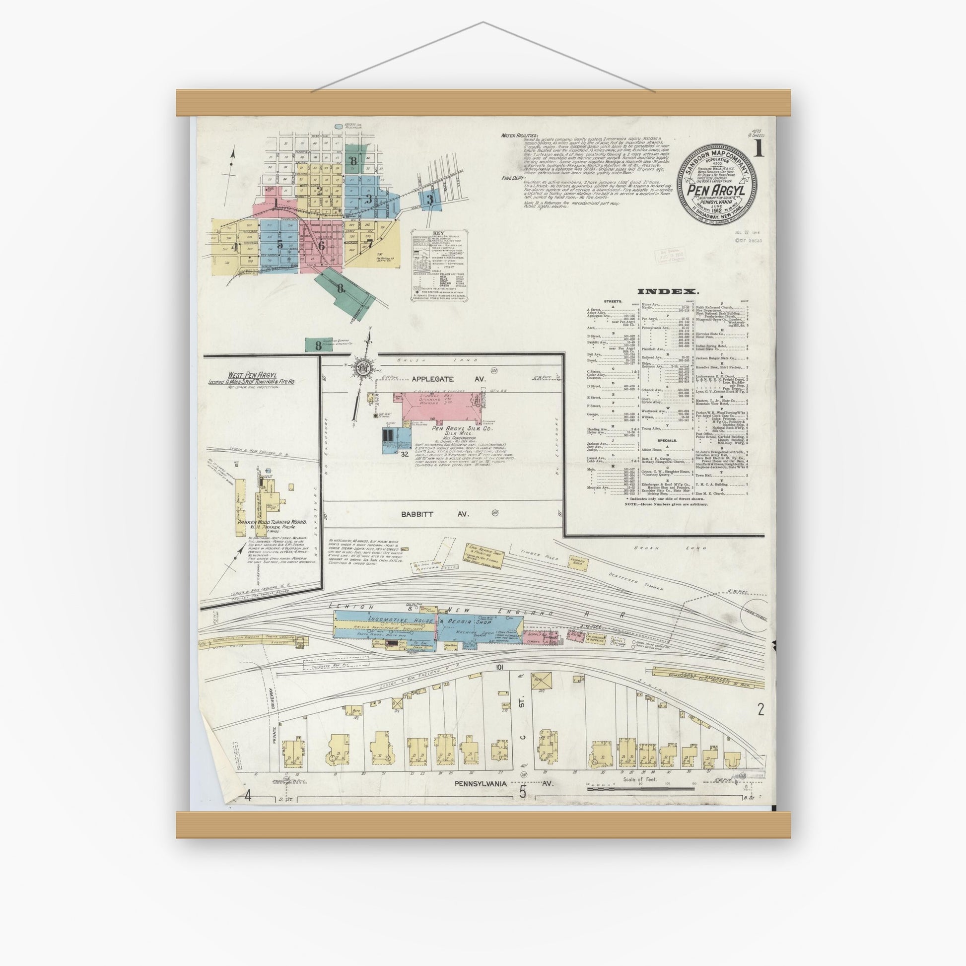 Old map wall art mockup — magnetic wood frame on white wall — Sanborn Fire Insurance Map from Pen Argyl, Northampton County, Pennsylvania (1912), Sheet #0001