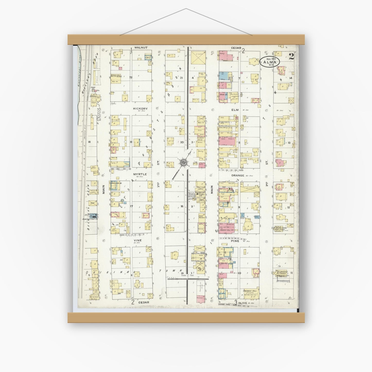 Old map wall art mockup — magnetic wood frame on white wall — Sanborn Fire Insurance Map from Alma, Buffalo County, Wisconsin (1910), Sheet #0002