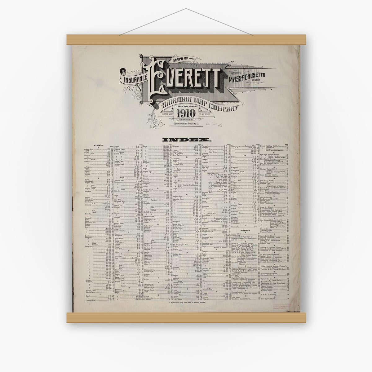 Old map wall art mockup — magnetic wood frame on white wall — Sanborn Fire Insurance Map from Everett, Middlesex County, Massachusetts (1910), Sheet #0001