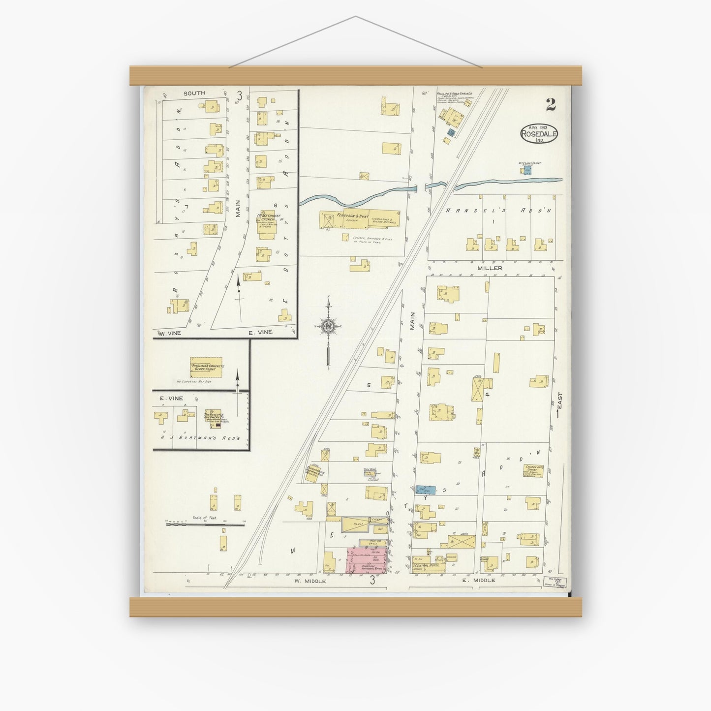 Old map wall art mockup — magnetic wood frame on white wall — Sanborn Fire Insurance Map from Rosedale, Parke County, Indiana (1913), Sheet #0002