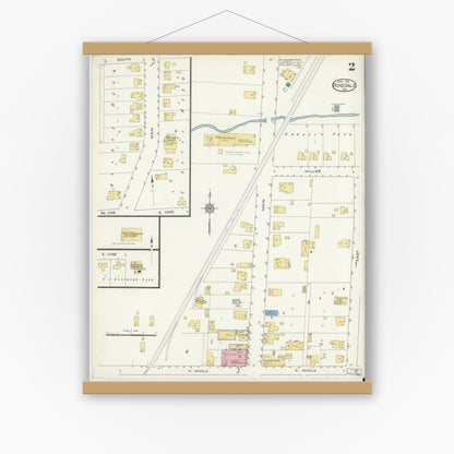 Old map wall art mockup — magnetic wood frame on white wall — Sanborn Fire Insurance Map from Rosedale, Parke County, Indiana (1913), Sheet #0002