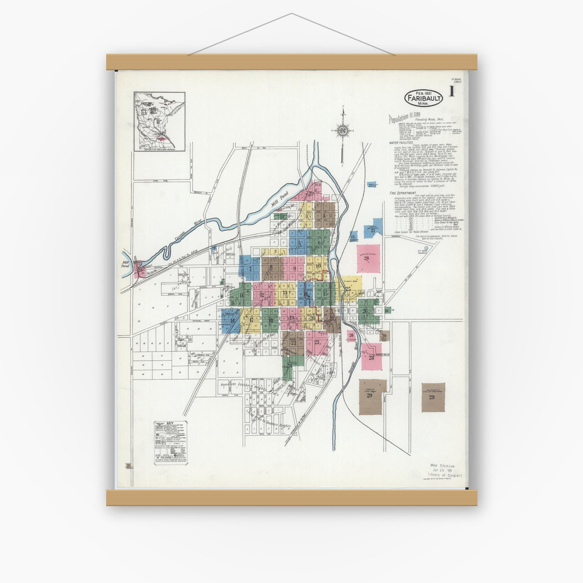 Old map wall art mockup — magnetic wood frame on white wall — Sanborn Fire Insurance Map from Faribault, Rice County, Minnesota (1921) - Complete Map Set