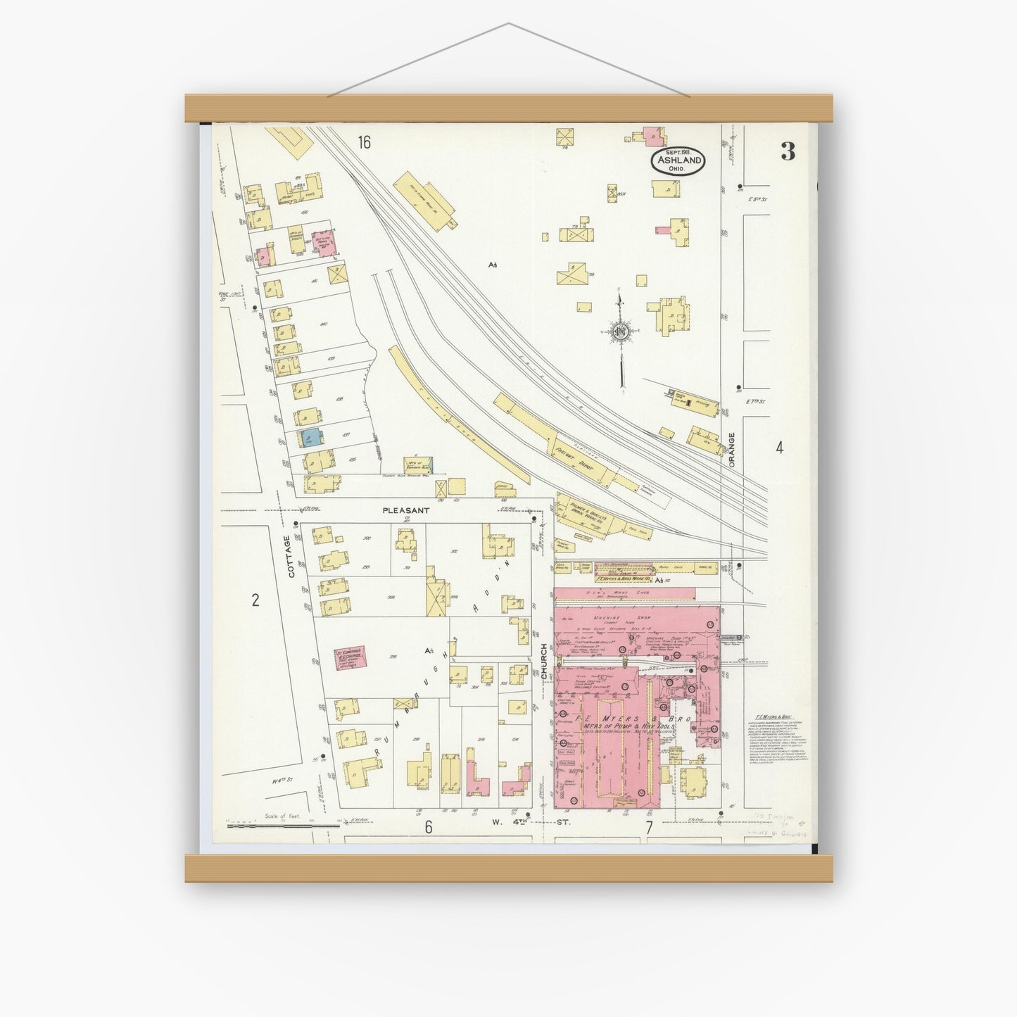Old map wall art mockup — magnetic wood frame on white wall — Sanborn Fire Insurance Map from Ashland, Ashland County, Ohio (1911), Sheet #0003