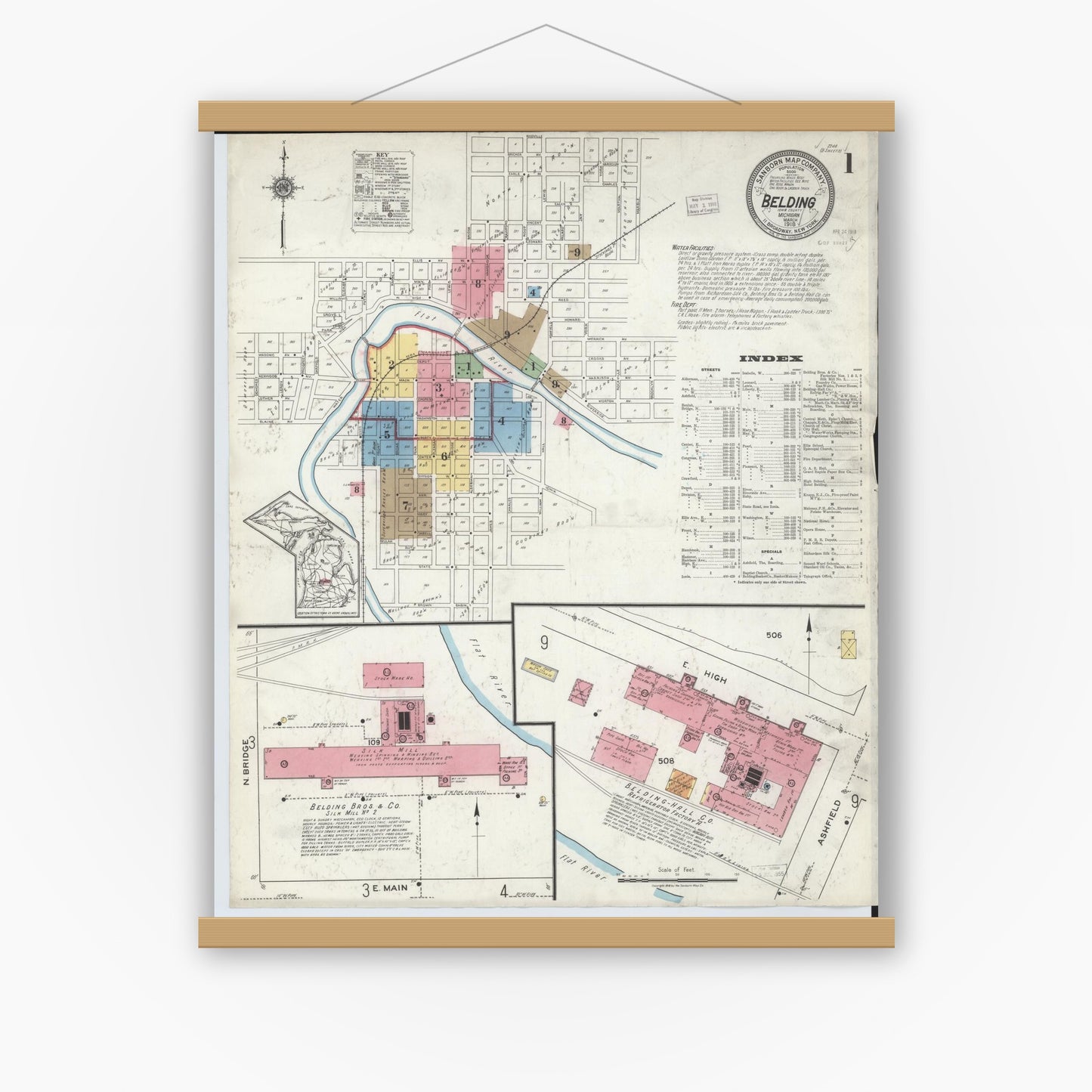 Old map wall art mockup — magnetic wood frame on white wall — Sanborn Fire Insurance Map from Belding, Ionia County, Michigan (1918), Sheet #0001