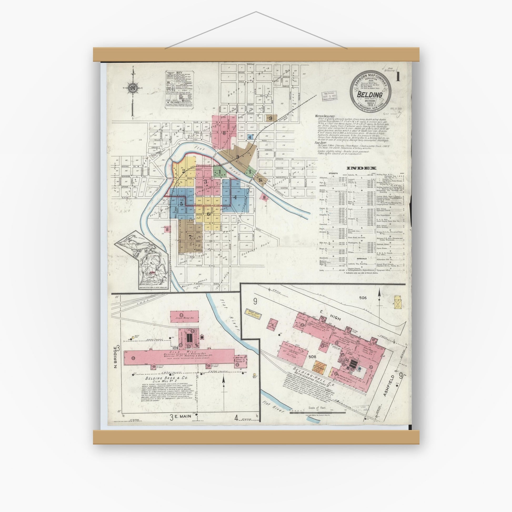 Old map wall art mockup — magnetic wood frame on white wall — Sanborn Fire Insurance Map from Belding, Ionia County, Michigan (1918), Sheet #0001