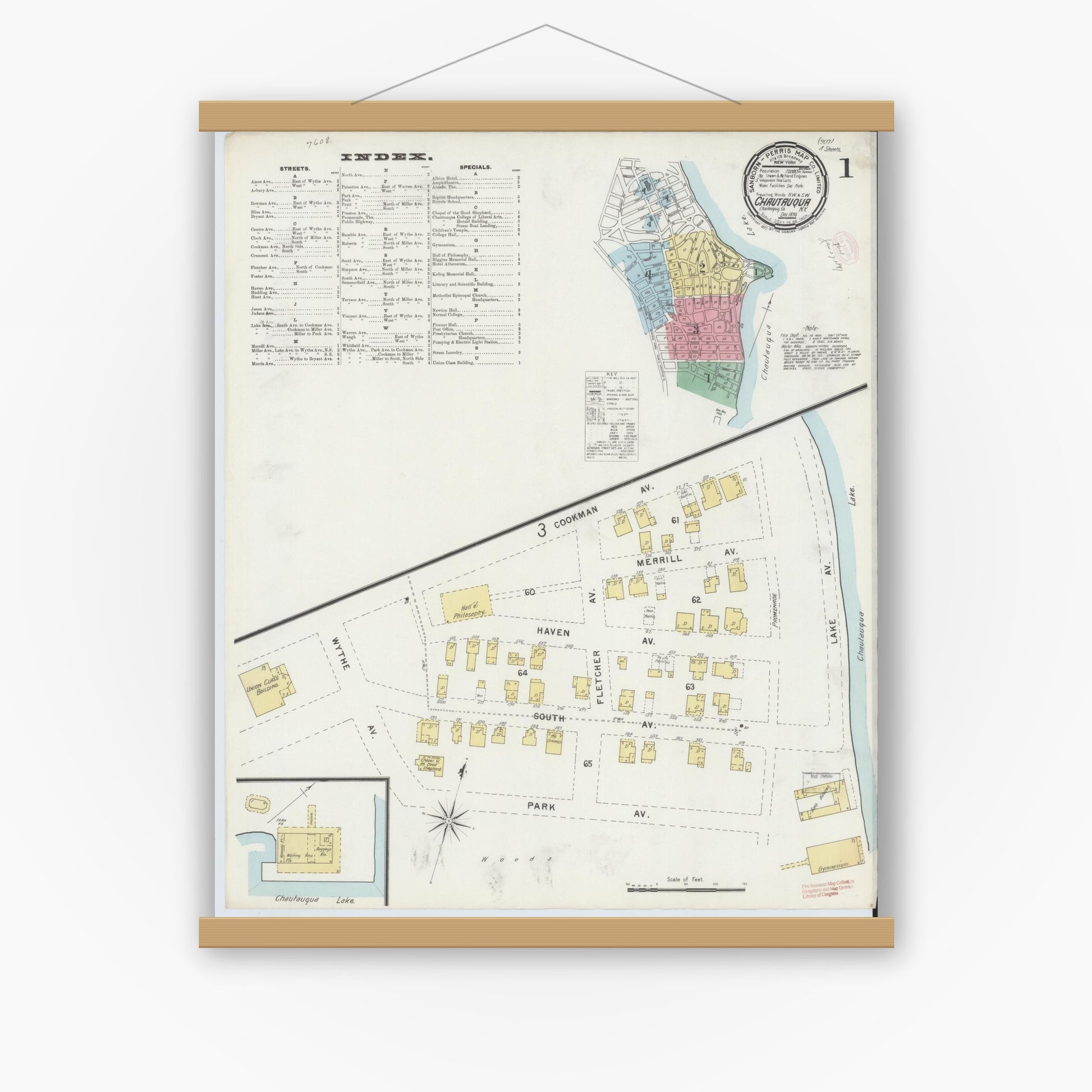 Old map wall art mockup — magnetic wood frame on white wall — Sanborn Fire Insurance Map from Chautauqua, Chautauqua County, New York (1896), Sheet #0001