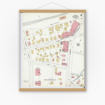 Old map wall art mockup — magnetic wood frame on white wall — Sanborn Fire Insurance Map from Geneva, Ashtabula County, Ohio (1904), Sheet #0002