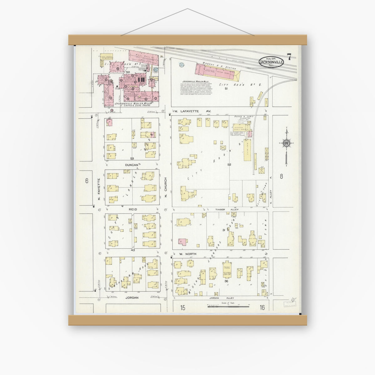 Old map wall art mockup — magnetic wood frame on white wall — Sanborn Fire Insurance Map from Jacksonville, Morgan County, Illinois (1914), Sheet #0007