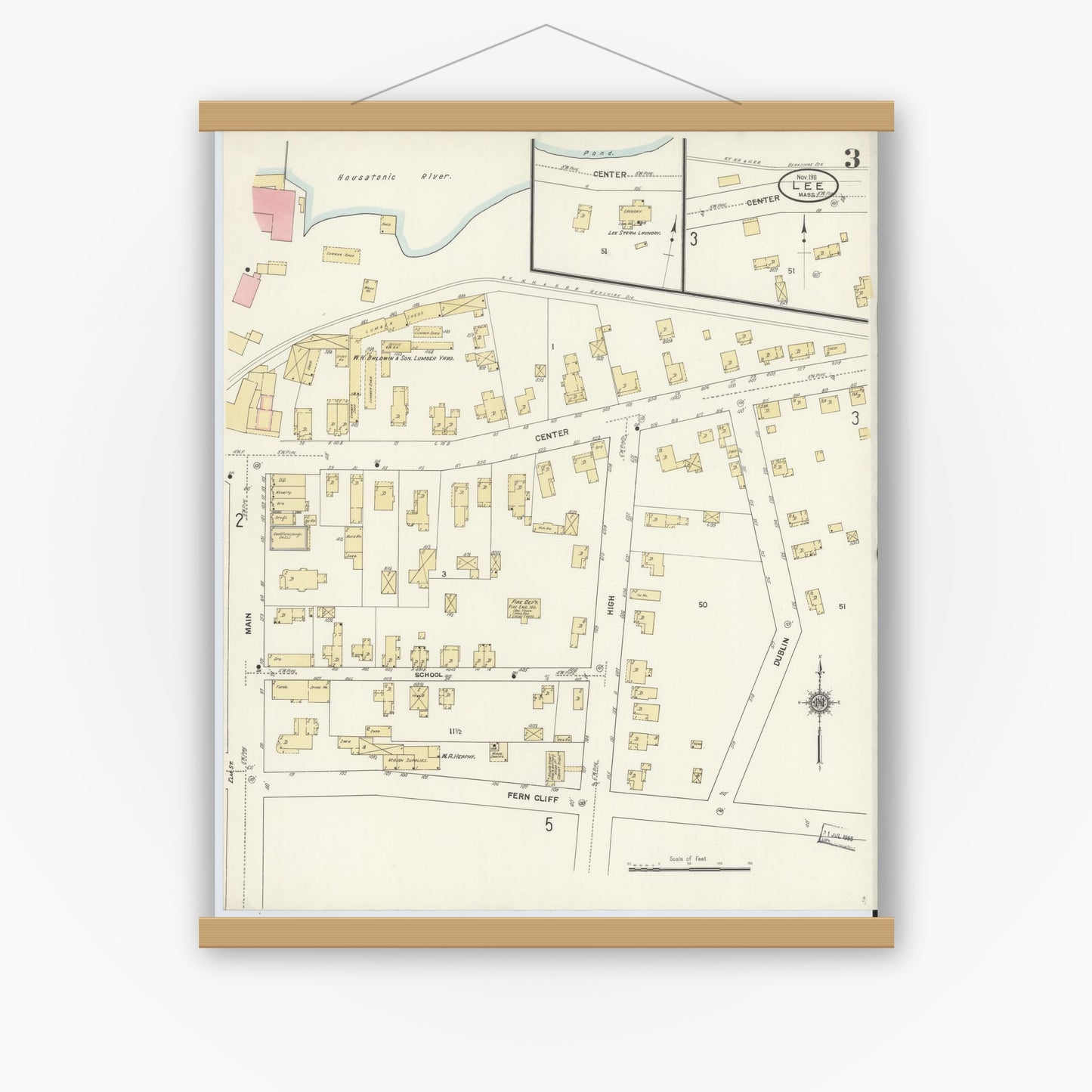 Old map wall art mockup — magnetic wood frame on white wall — Sanborn Fire Insurance Map from Lee, Berkshire County, Massachusetts (1911), Sheet #0003