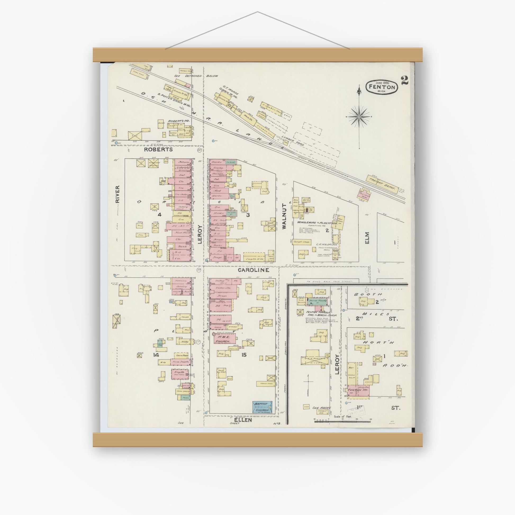 Old map wall art mockup — magnetic wood frame on white wall — Sanborn Fire Insurance Map from Fenton, Genesee County, Michigan (1890), Sheet #0002