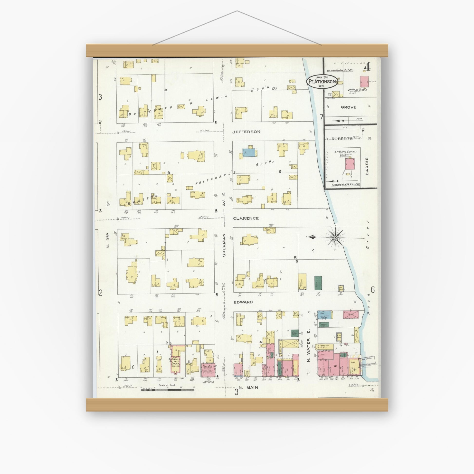 Old map wall art mockup — magnetic wood frame on white wall — Sanborn Fire Insurance Map from Fort Atkinson, Jefferson County, Wisconsin (1909), Sheet #0004